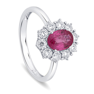 Anello Charleston in oro bianco, diamanti e rubino