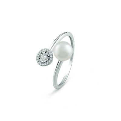 Anello Rugiada in oro bianco, perle e diamanti 0.08 ct.