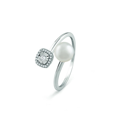 Anello Rugiada in oro bianco, perle e diamanti 0.08 ct.