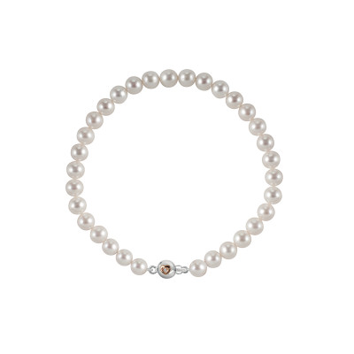 Bracciale di perle giapponesi bianche con chiusura in oro bianco, oro rosa e diamante