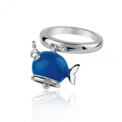 Anello balena micro in argento, smalto blu e diamante bianco