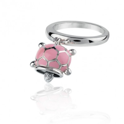 Anello tartaruga micro in argento, smalto rosa e diamante bianco