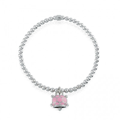 Bracciale elastico con ciondolo tartaruga micro in argento, smalto rosa e diamante bianco