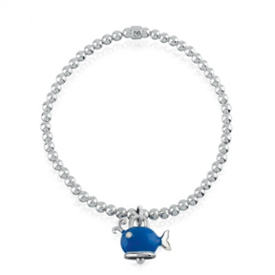 Bracciale elastico con ciondolo balena micro in argento, smalto blu e diamante bianco