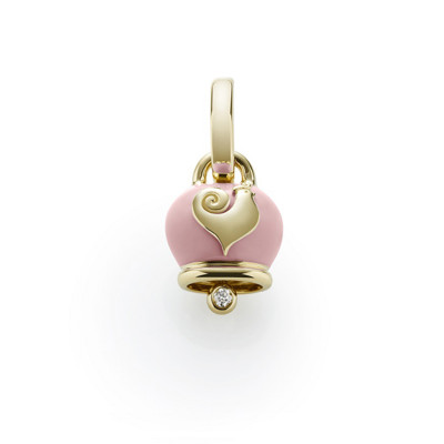 Ciondolo Campanella micro in oro giallo, smalto rosa e un diamante 