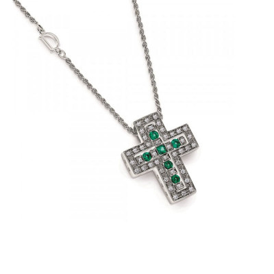 Collana croce in oro bianco, diamanti e smeraldi
