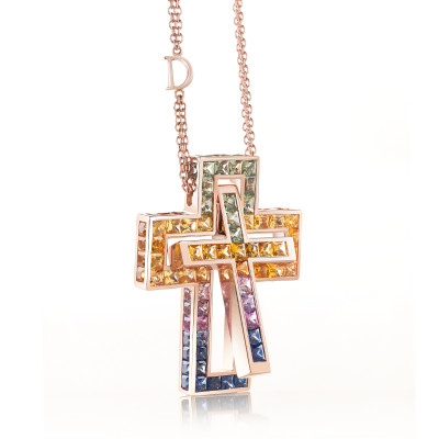 Collana in oro rosa con zaffiri multicolore 