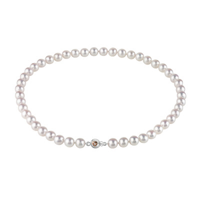 Collana di perle giapponesi bianche con chiusura in oro bianco, oro rosa e diamante