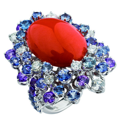 Anello Mimosa in oro bianco, zaffiri, diamanti e corallo