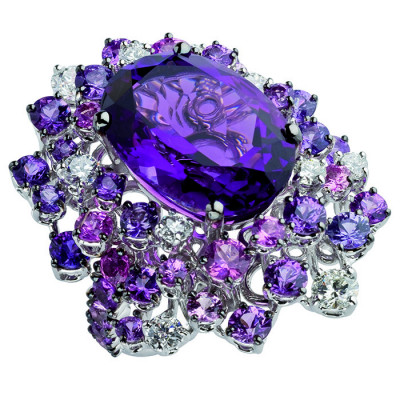 Anello Mimosa in oro bianco, zaffiri, ametiste e diamanti