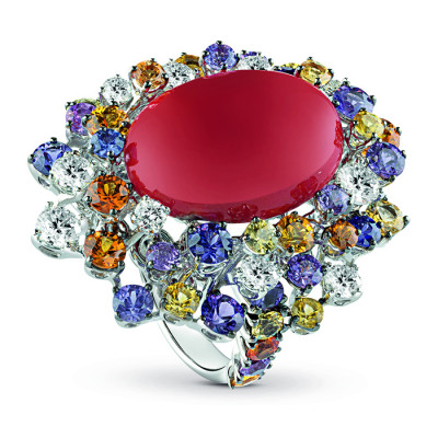 Anello Mimosa in oro bianco, zaffiri, diamanti e corallo