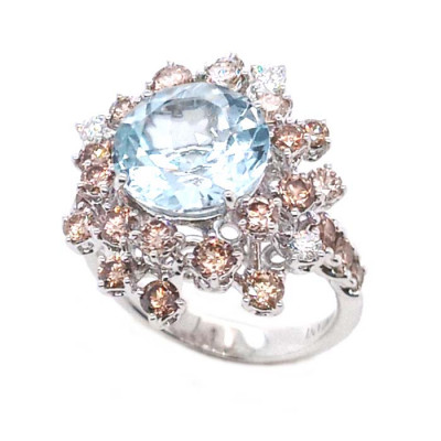 Anello Mimosa in oro bianco, acquamarina e diamanti bianchi e brown ct. 1.78 GH