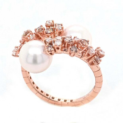 Anello Mimosa Flexi in oro rosa, diamanti bianchi e brown e perle