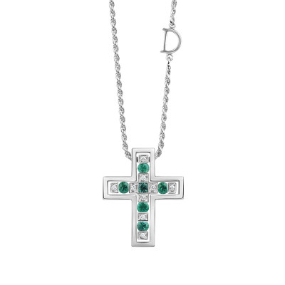 Collana croce con diamanti e smeraldi