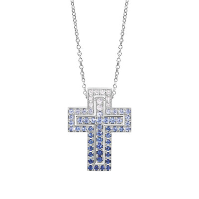 Collana Belle Epoque Croce oro bianco, diamanti e zaffiri