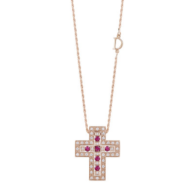 Collana Croce Belle Epoque oro rosa diamanti rubini