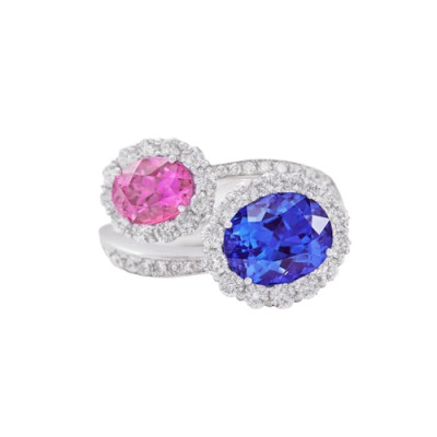 Anello Like Me in oro bianco, diamanti 1,56 ct. G VS, tanzanite e zaffiro rosa