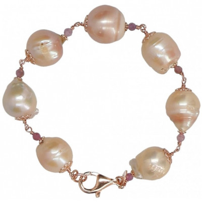 Bracciale in perle barocche rosa, tormaline rosa e argento placcato oro rosa.