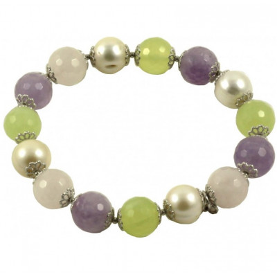 Bracciale sfere ametista lavanda, quarzo rosa, giadeite e perle coltivate