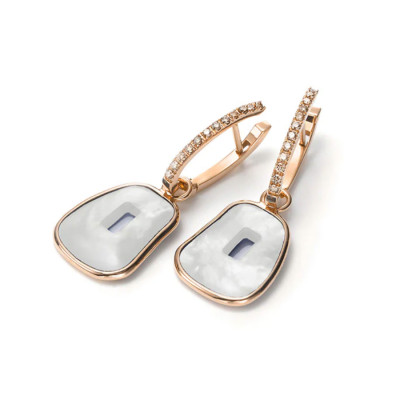 Dangling Mini Puzzle Earrings with mother of pearl and brown diamonds
